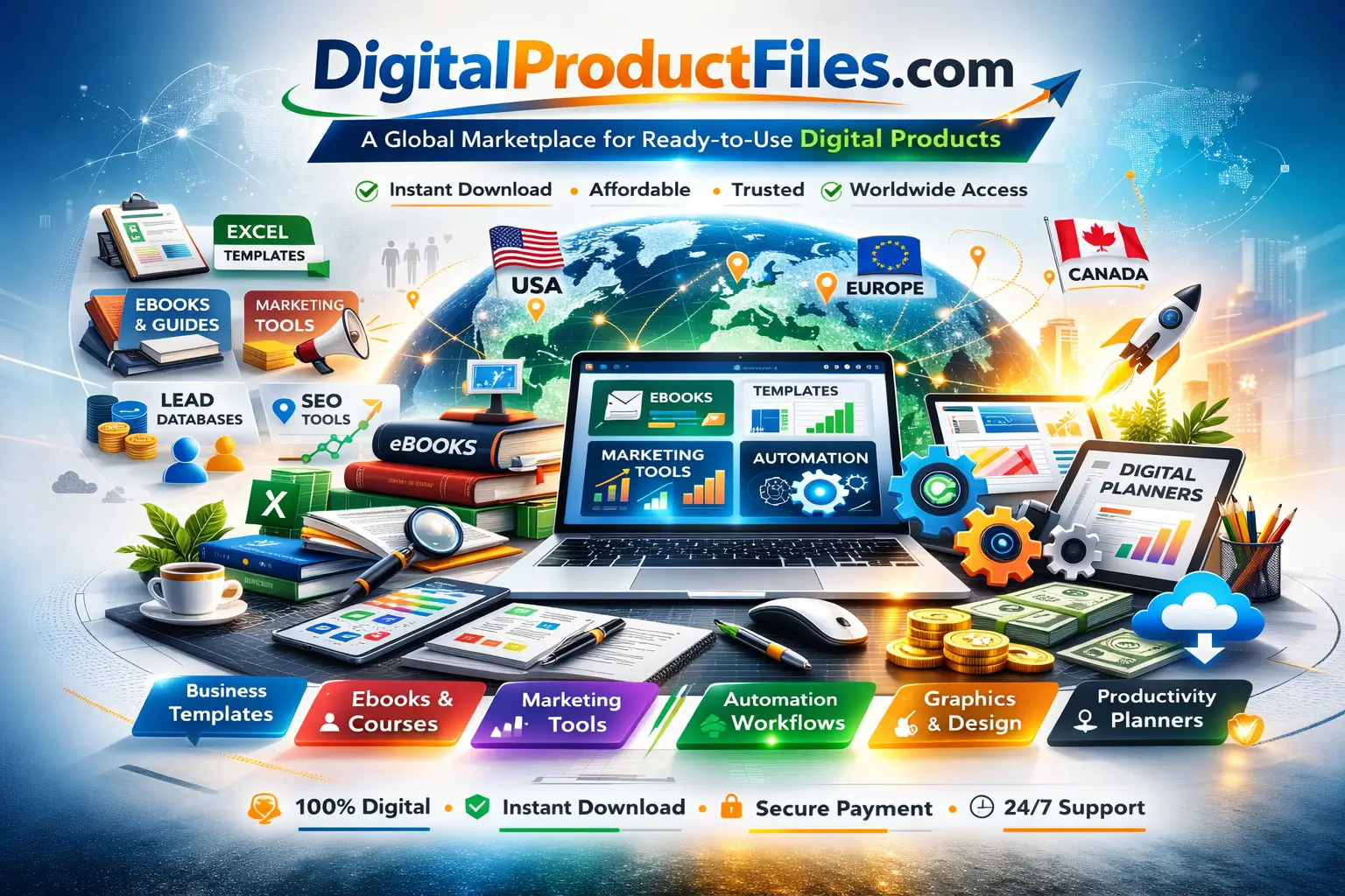 Global marketplace for ready-to-use digital products including Excel templates, ebooks, marketing tools, automation workflows and business productivity resources from DigitalProductFiles.com.