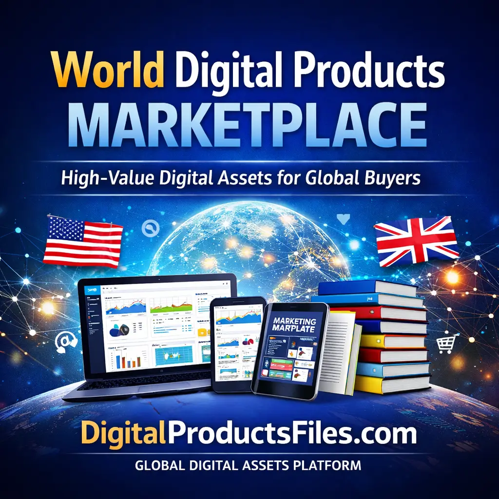 World digital products marketplace with high-value digital assets for global buyers at DigitalProductsFiles.com