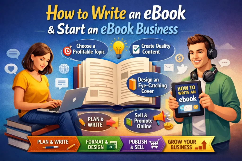 How to write an eBook and start an eBook business with profitable topic, content writing, cover design, publishing, and online selling steps